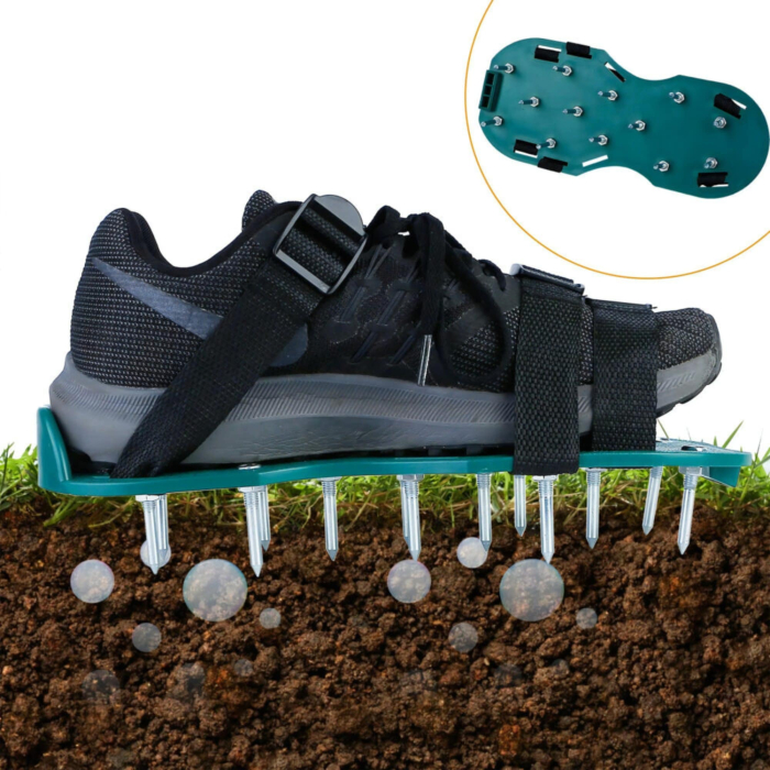 Set 2 aeratoare manuale pentru gazon VarioShop®, cu 26 de tepi din otel, talpi cu curele reglabile pentru afanarea solului, cresterea ierbii si drenaj eficient in gradina, Verde [7]