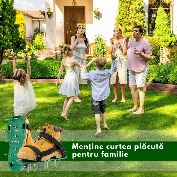 Set 2 aeratoare manuale pentru gazon VarioShop®, cu 26 de tepi din otel, talpi cu curele reglabile pentru afanarea solului, cresterea ierbii si drenaj eficient in gradina, Verde [3]