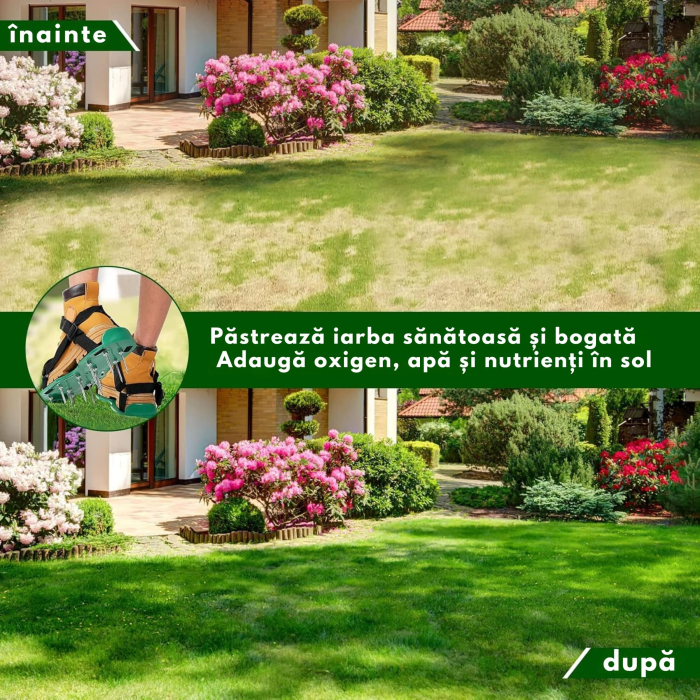 Set 2 aeratoare manuale pentru gazon VarioShop®, cu 26 de tepi din otel, talpi cu curele reglabile pentru afanarea solului, cresterea ierbii si drenaj eficient in gradina, Verde [2]