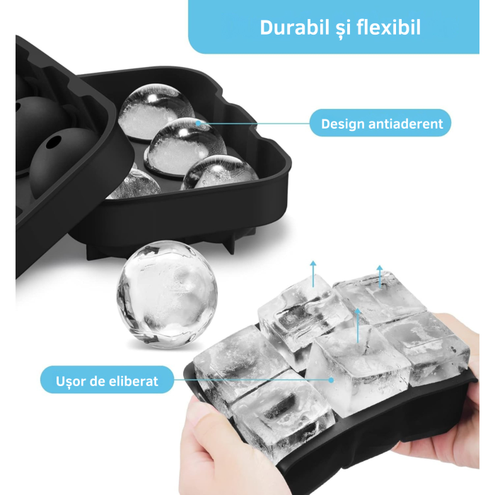 Set 2 forme din silicon reutilizabil cu capace etanse VarioShop®, bile perfect rotunde si cuburi XXL de gheata 48 mm, include palnie de umplere, ideal pentru bauturi racoritoare, cocktailuri si whisky [4]