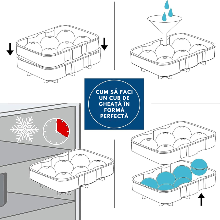 Set 2 forme din silicon reutilizabil cu capace etanse VarioShop®, bile perfect rotunde si cuburi XXL de gheata 48 mm, include palnie de umplere, ideal pentru bauturi racoritoare, cocktailuri si whisky [10]