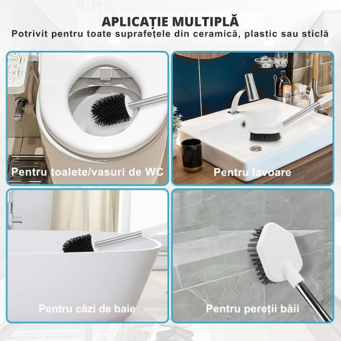 Set 2 Perii din Silicon pentru Toaleta VarioShop®, Suport Perii, pentru Cada, Chiuveta, Utilizare Universala, Cap Flexibil, Aspect Estetic, Alb [4]