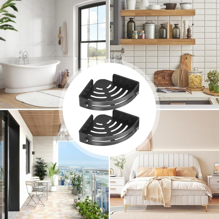 Set 2 rafturi colt pentru baie VarioShop®, Compact, Estetic, Rezistent la Apa, Economisire Spatiu, Lipire/Insurubare, Accesorii Montare, Plastic, 30.5 x 21 cm, Negru [9]
