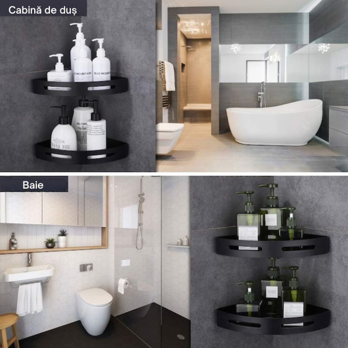 Set 2 rafturi colt pentru baie VarioShop®, Compact, Estetic, Rezistent la Apa, Economisire Spatiu, Lipire/Insurubare, Accesorii Montare, Plastic, 30.5 x 21 cm, Negru [4]