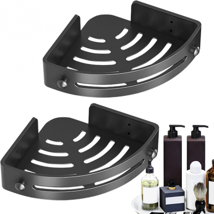 Set 2 rafturi colt pentru baie VarioShop®, Compact, Estetic, Rezistent la Apa, Economisire Spatiu, Lipire/Insurubare, Accesorii Montare, Plastic, 30.5 x 21 cm, Negru [6]