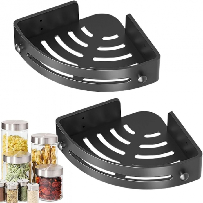 Set 2 rafturi colt pentru baie VarioShop®, Compact, Estetic, Rezistent la Apa, Economisire Spatiu, Lipire/Insurubare, Accesorii Montare, Plastic, 30.5 x 21 cm, Negru [11]