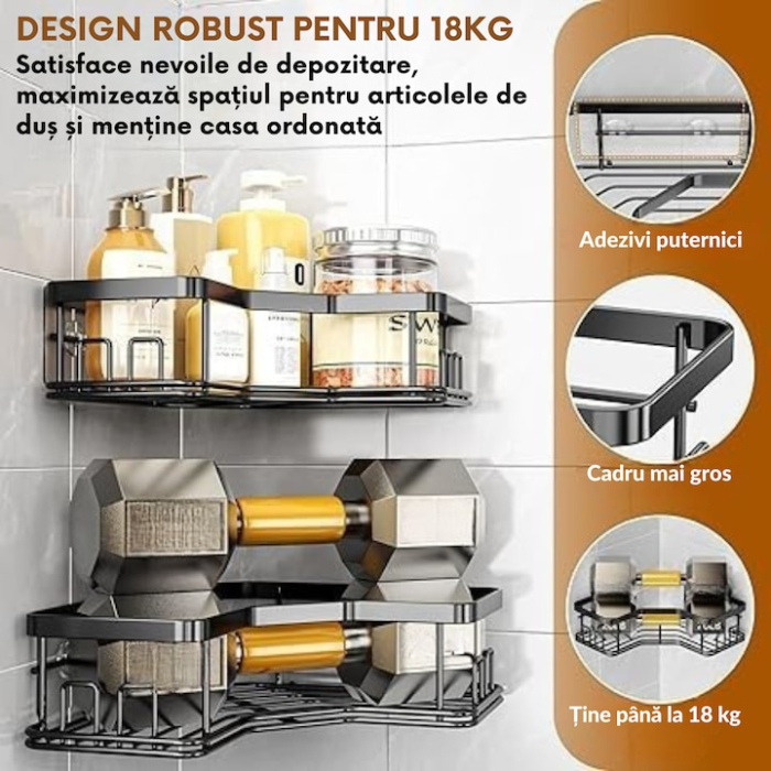 Set 2 rafturi colt pentru baie, VarioShop®, Compacte, Rezistente la Apa, Montaj Ventuze, Inox, 22.5 x 10 / 24.5 x 12 cm, Negru [6]