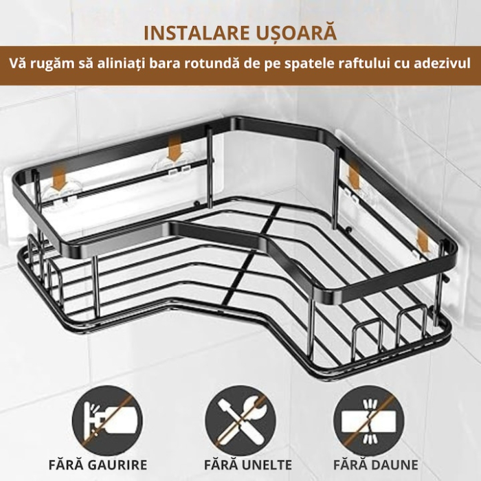 Set 2 rafturi colt pentru baie, VarioShop®, Compacte, Rezistente la Apa, Montaj Ventuze, Inox, 22.5 x 10 / 24.5 x 12 cm, Negru [3]