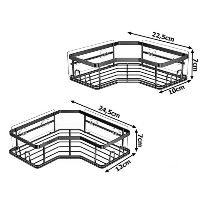 Set 2 rafturi colt pentru baie, VarioShop®, Compacte, Rezistente la Apa, Montaj Ventuze, Inox, 22.5 x 10 / 24.5 x 12 cm, Negru [8]
