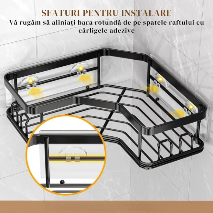 Set 2 rafturi colt pentru baie, VarioShop®, Compacte, Rezistente la Apa, Montaj Ventuze, Inox, 22.5 x 10 / 24.5 x 12 cm, Negru [4]