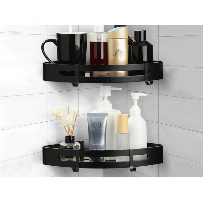 Set 2 rafturi de baie VarioShop®, Accesorii Montare, Rezistent la Apa, Economisire Spatiu, Aluminiu, 23 x 22 cm, Negru [7]