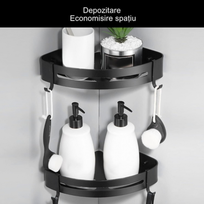 Set 2 rafturi de baie VarioShop®, Accesorii Montare, Rezistent la Apa, Economisire Spatiu, Aluminiu, 23 x 22 cm, Negru [3]