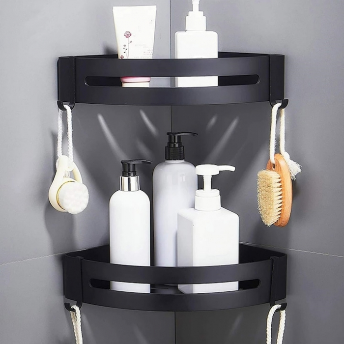 Set 2 rafturi de baie VarioShop®, Accesorii Montare, Rezistent la Apa, Economisire Spatiu, Aluminiu, 23 x 22 cm, Negru [8]