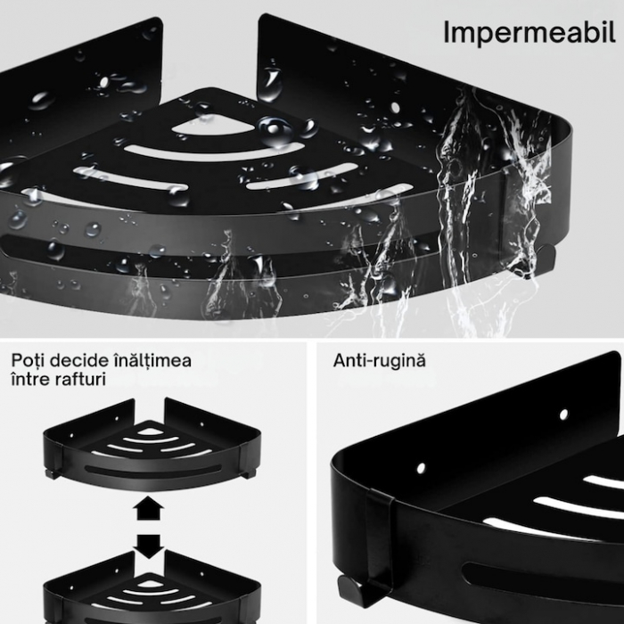 Set 2 rafturi de baie VarioShop®, Accesorii Montare, Rezistent la Apa, Economisire Spatiu, Aluminiu, 23 x 22 cm, Negru [2]