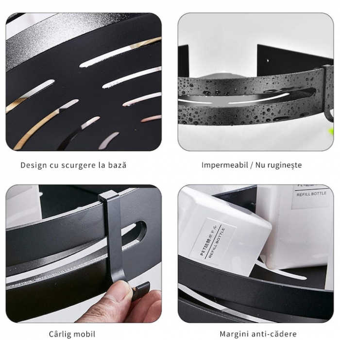 Set 2 rafturi de baie VarioShop®, Accesorii Montare, Rezistent la Apa, Economisire Spatiu, Aluminiu, 23 x 22 cm, Negru [4]