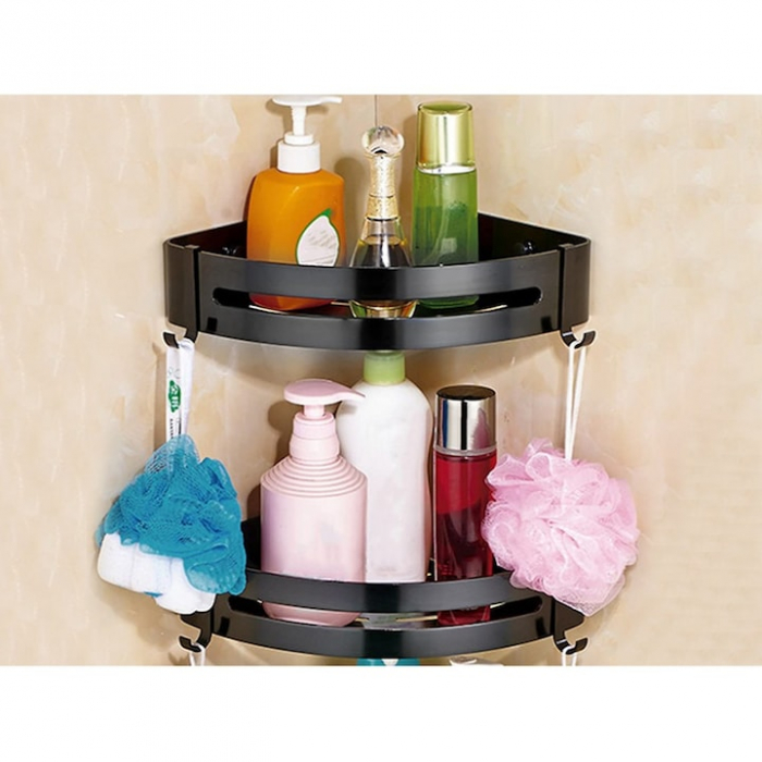 Set 2 rafturi de baie VarioShop®, Accesorii Montare, Rezistent la Apa, Economisire Spatiu, Aluminiu, 23 x 22 cm, Negru [11]