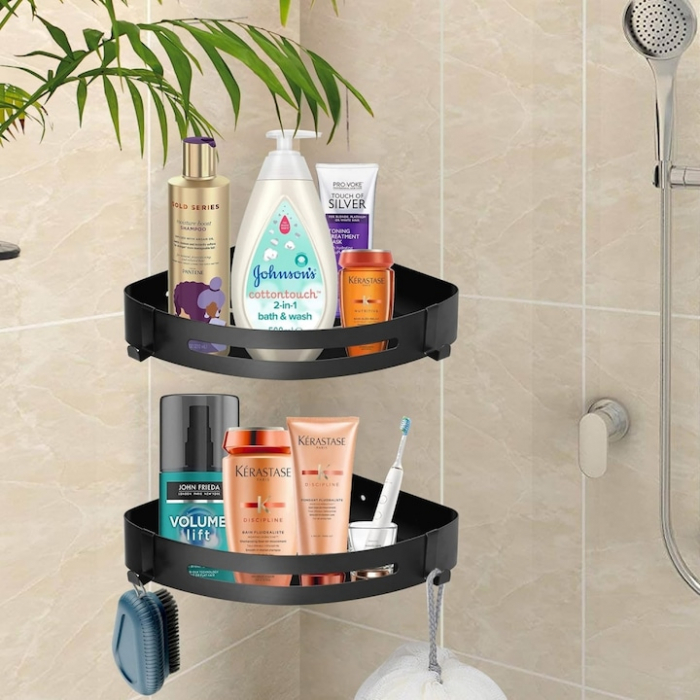 Set 2 rafturi de baie VarioShop®, Accesorii Montare, Rezistent la Apa, Economisire Spatiu, Aluminiu, 23 x 22 cm, Negru [15]