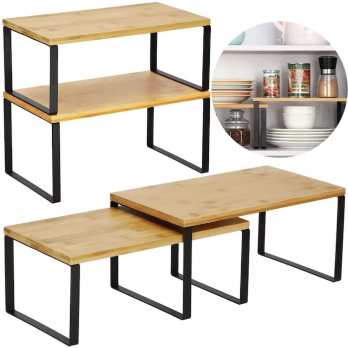 Set 2 rafturi de bucatarie din bambus pentru condimente VarioShop®, organizator vertical de blat, suport compact pentru ierburi aromatice, accesorii si sticle, include surubelnita si suruburi, design [7]