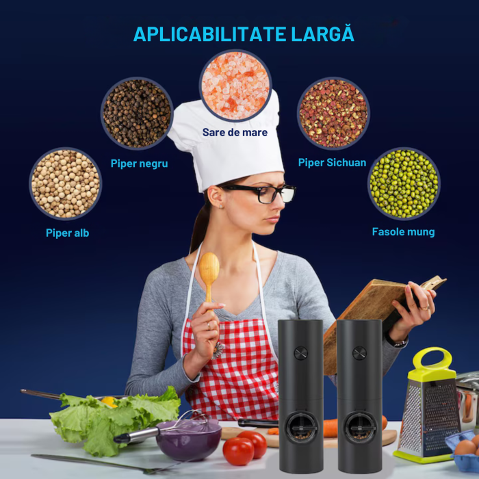 Set 2 rasnite electrice cu LED VarioShop®, mecanism ceramic durabil, capacitate 70 ml, reglare grosime macinare, functionare pe baterii, negru [13]