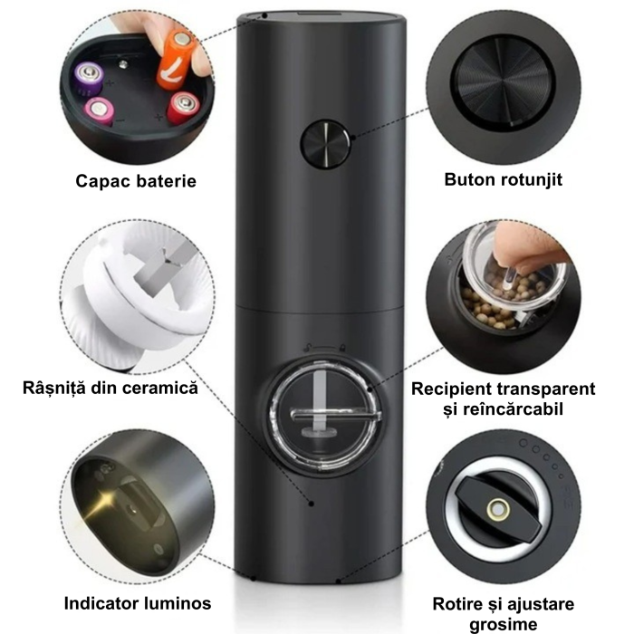 Set 2 rasnite electrice cu LED VarioShop®, mecanism ceramic durabil, capacitate 70 ml, reglare grosime macinare, functionare pe baterii, negru [3]
