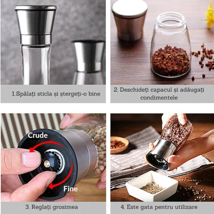 Set 2 rasnite manuale pentru condimente VarioShop®, sistem maruntire ajustabil, mecanism ceramica, potrivit pentru piper negru, orez, chimen, sare de mare, inox/sticla, Argintiu [25]