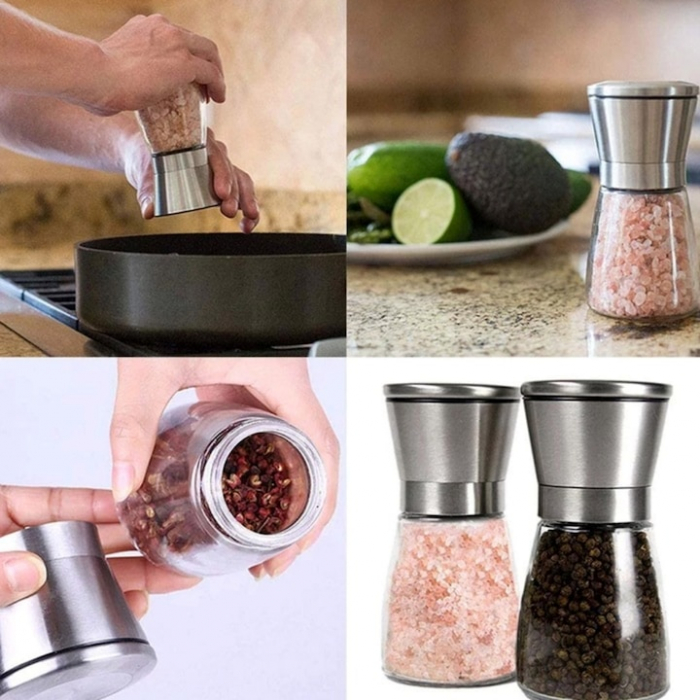 Set 2 rasnite manuale pentru condimente VarioShop®, sistem maruntire ajustabil, mecanism ceramica, potrivit pentru piper negru, orez, chimen, sare de mare, inox/sticla, Argintiu [24]