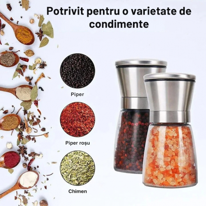 Set 2 rasnite manuale pentru condimente VarioShop®, sistem maruntire ajustabil, mecanism ceramica, potrivit pentru piper negru, orez, chimen, sare de mare, inox/sticla, Argintiu [10]