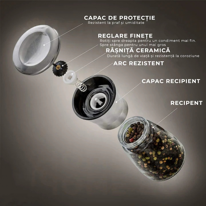 Set 2 rasnite manuale pentru condimente VarioShop®, sistem maruntire ajustabil, mecanism ceramica, potrivit pentru piper negru, orez, chimen, sare de mare, inox/sticla, Argintiu [2]