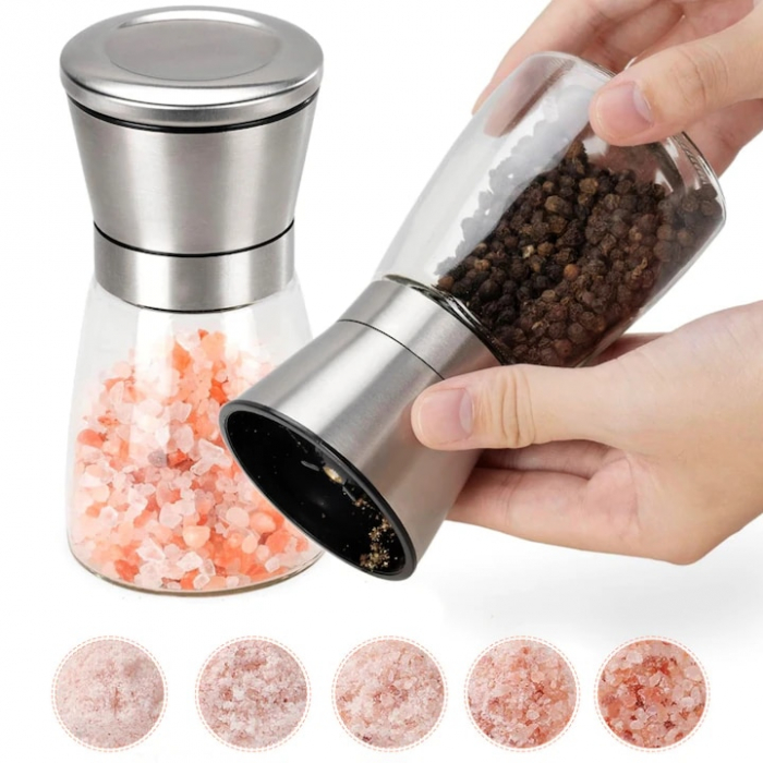 Set 2 rasnite manuale pentru condimente VarioShop®, sistem maruntire ajustabil, mecanism ceramica, potrivit pentru piper negru, orez, chimen, sare de mare, inox/sticla, Argintiu [7]