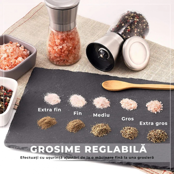 Set 2 rasnite manuale pentru condimente VarioShop®, sistem maruntire ajustabil, mecanism ceramica, potrivit pentru piper negru, orez, chimen, sare de mare, inox/sticla, Argintiu [6]