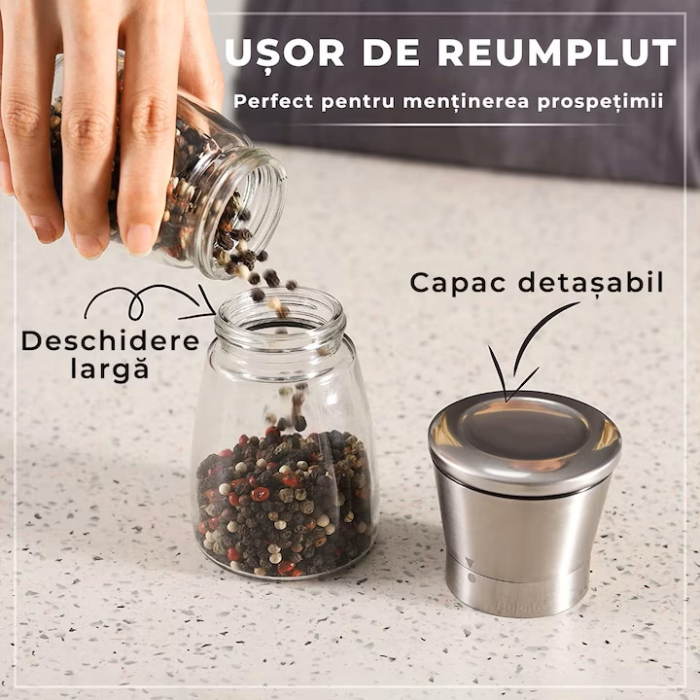 Set 2 rasnite manuale pentru condimente VarioShop®, sistem maruntire ajustabil, mecanism ceramica, potrivit pentru piper negru, orez, chimen, sare de mare, inox/sticla, Argintiu [3]