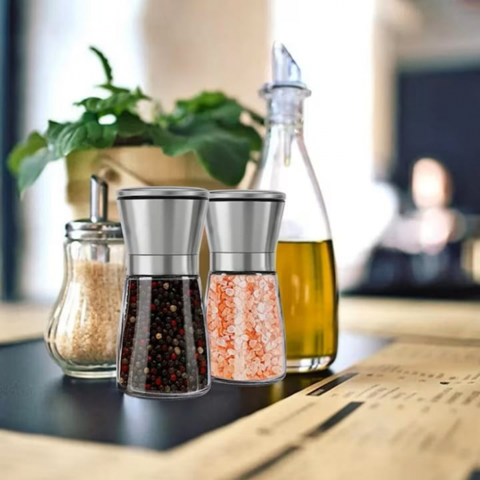Set 2 rasnite manuale pentru condimente VarioShop®, sistem maruntire ajustabil, mecanism ceramica, potrivit pentru piper negru, orez, chimen, sare de mare, inox/sticla, Argintiu [23]