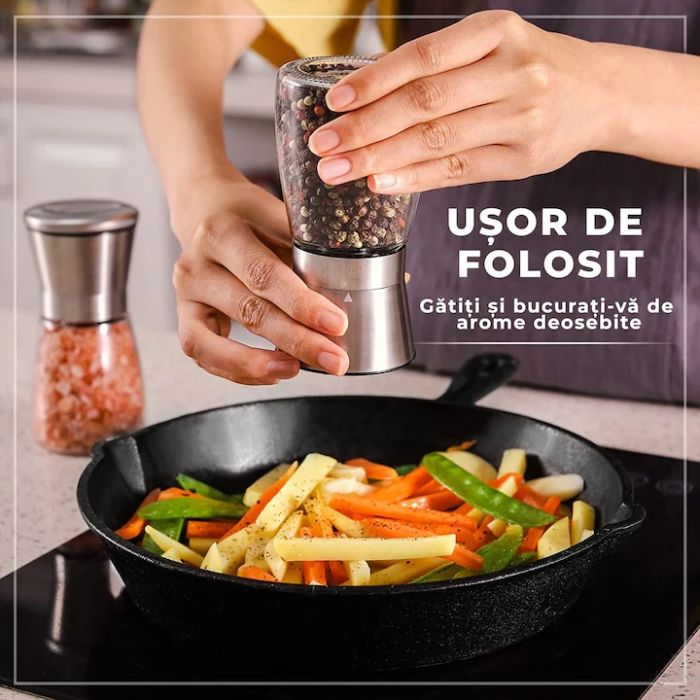 Set 2 rasnite manuale pentru condimente VarioShop®, sistem maruntire ajustabil, mecanism ceramica, potrivit pentru piper negru, orez, chimen, sare de mare, inox/sticla, Argintiu [4]