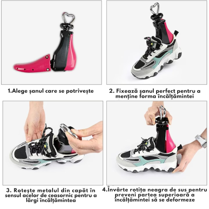 Set 2 Sanuri/Calapoade Reglabile VarioShop® 4 Directii, Intretinere si Protectie Pantofi, Adidasi si Ghete, Dimensiuni Ajustabile 41–47, Material Durabil, Roz/Negru [3]