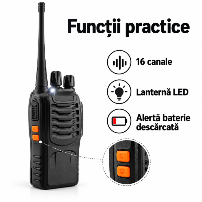 Set 2 statii walkie-talkie VarioShop®, pentru comunicare directa, 16 canale, lanterna LED, acumulatori 1500 mAh, incarcatoare incluse, 21 x 6 cm, negru [6]