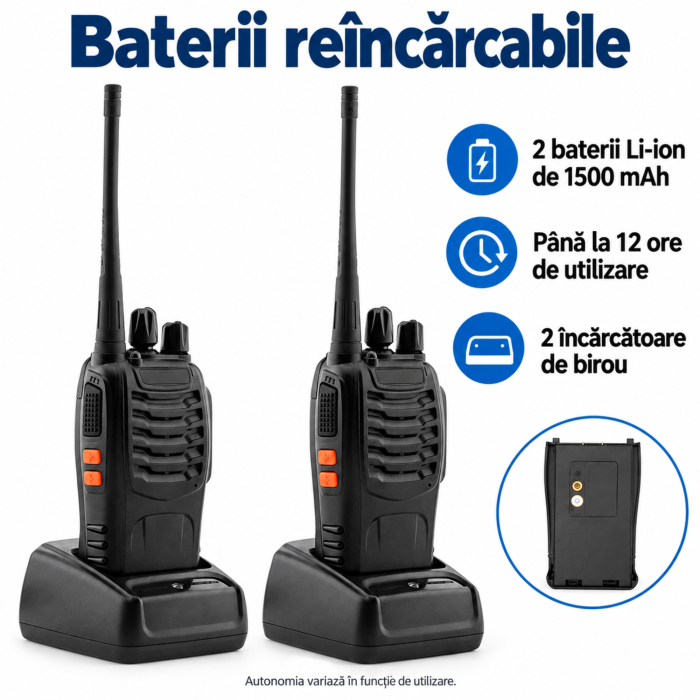 Set 2 statii walkie-talkie VarioShop®, pentru comunicare directa, 16 canale, lanterna LED, acumulatori 1500 mAh, incarcatoare incluse, 21 x 6 cm, negru [7]