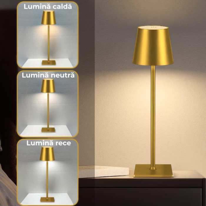 Set 2 x Lampa de masa touch led incarcabila VarioShop®, veioza ambientala cu control tactil, functie de schimbare a intesitatii, 3 temperaturi de culoare cald, neutru, rece, 5 W,37 x 9.5 cm, Auriu [7]
