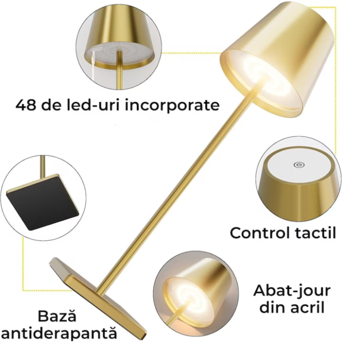 Set 2 x Lampa de masa touch led incarcabila VarioShop®, veioza ambientala cu control tactil, functie de schimbare a intesitatii, 3 temperaturi de culoare cald, neutru, rece, 5 W,37 x 9.5 cm, Auriu [2]