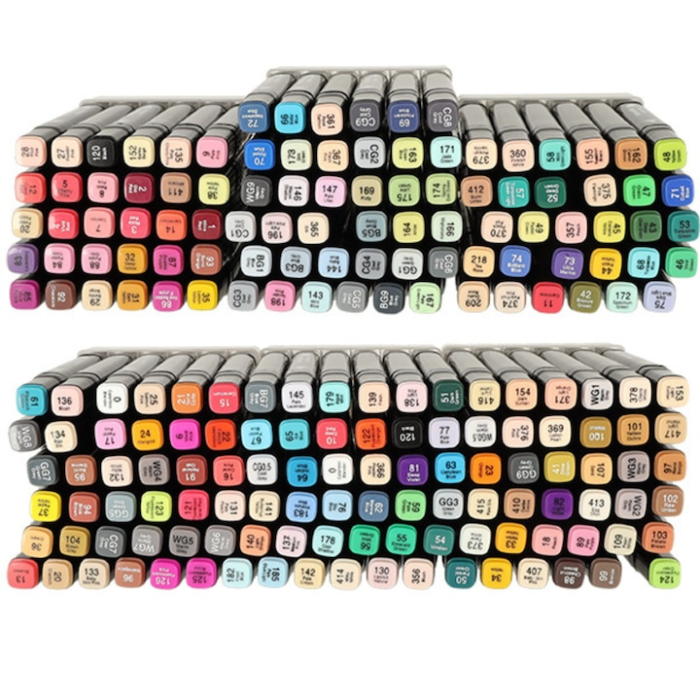 Set 204 markere duble VarioShop®, Carioci profesionale, Culori vii pe baza de alcool, 2 varfuri rezistente, 1 varf subtire rotund pentru contur si detalii, 1 varf lat pentru umplere si linii groase [11]