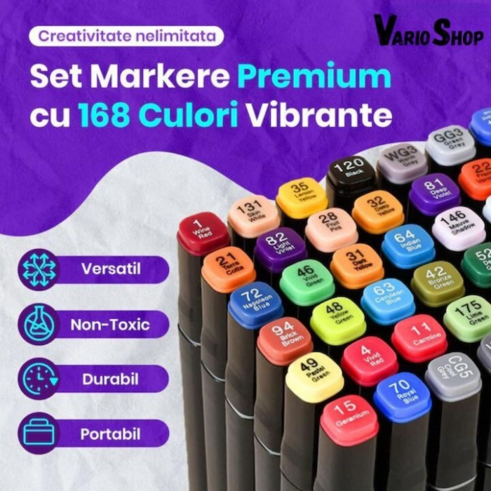 Set 204 markere duble VarioShop®, Carioci profesionale, Culori vii pe baza de alcool, 2 varfuri rezistente, 1 varf subtire rotund pentru contur si detalii, 1 varf lat pentru umplere si linii groase [3]