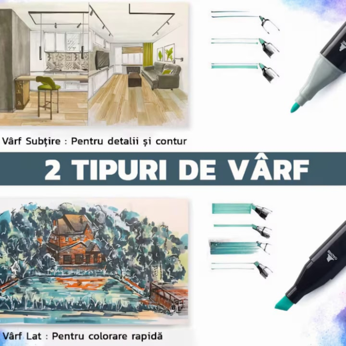 Set 204 markere duble VarioShop®, Carioci profesionale, Culori vii pe baza de alcool, 2 varfuri rezistente, 1 varf subtire rotund pentru contur si detalii, 1 varf lat pentru umplere si linii groase [5]