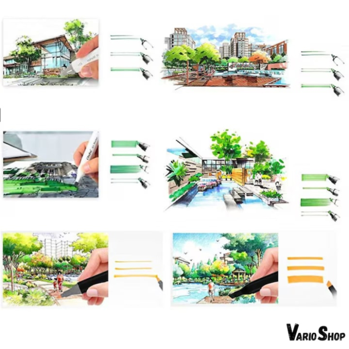 Set 204 markere duble VarioShop®, Carioci profesionale, Culori vii pe baza de alcool, 2 varfuri rezistente, 1 varf subtire rotund pentru contur si detalii, 1 varf lat pentru umplere si linii groase [6]