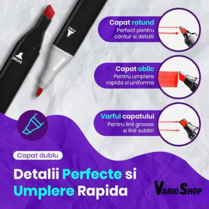 Set 204 markere duble VarioShop®, Carioci profesionale, Culori vii pe baza de alcool, 2 varfuri rezistente, 1 varf subtire rotund pentru contur si detalii, 1 varf lat pentru umplere si linii groase [10]