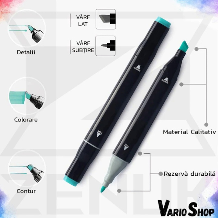 Set 204 markere duble VarioShop®, Carioci profesionale, Culori vii pe baza de alcool, 2 varfuri rezistente, 1 varf subtire rotund pentru contur si detalii, 1 varf lat pentru umplere si linii groase [7]