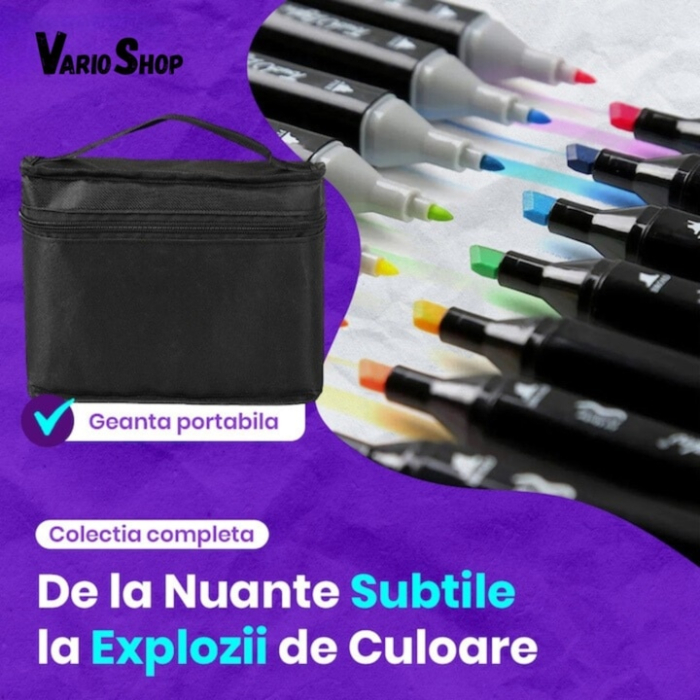 Set 204 markere duble VarioShop®, Carioci profesionale, Culori vii pe baza de alcool, 2 varfuri rezistente, 1 varf subtire rotund pentru contur si detalii, 1 varf lat pentru umplere si linii groase [8]