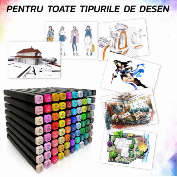 Set 204 markere duble VarioShop®, Carioci profesionale, Culori vii pe baza de alcool, 2 varfuri rezistente, 1 varf subtire rotund pentru contur si detalii, 1 varf lat pentru umplere si linii groase [4]