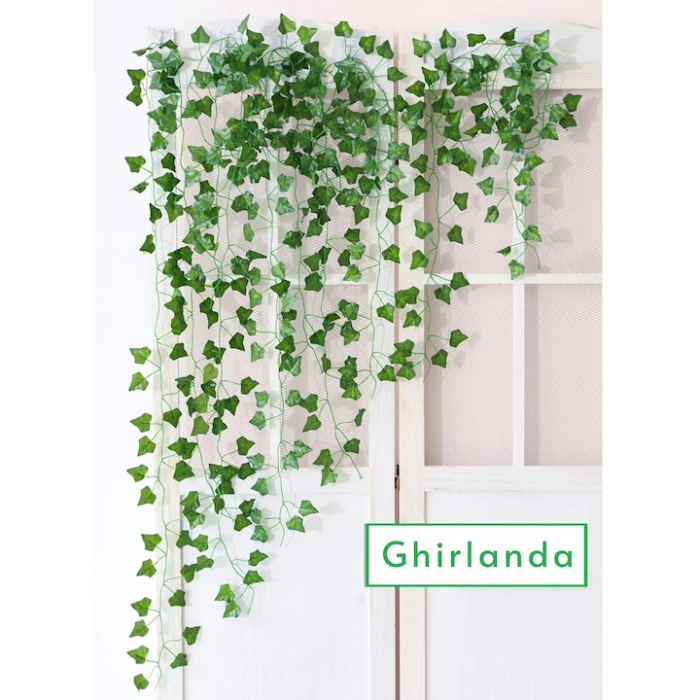 Set 12 ghirlande decorative VarioShop®, Model Iedera Artificiala, 81 Frunze/Ramura, Lungime 25.2m, Inaltime 2.1m, Interior/Exterior, Usor de Fixat, Plastic, Verde [12]