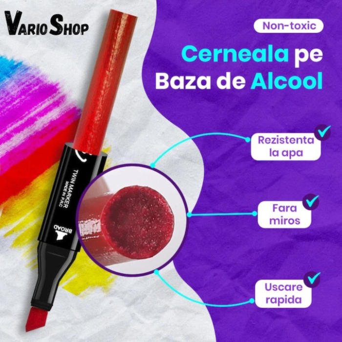 Set 24 markere duble VarioShop®, Carioci profesionale, Culori vii pe baza de alcool, 2 varfuri rezistente, geanta depozitare, Multicolore [13]