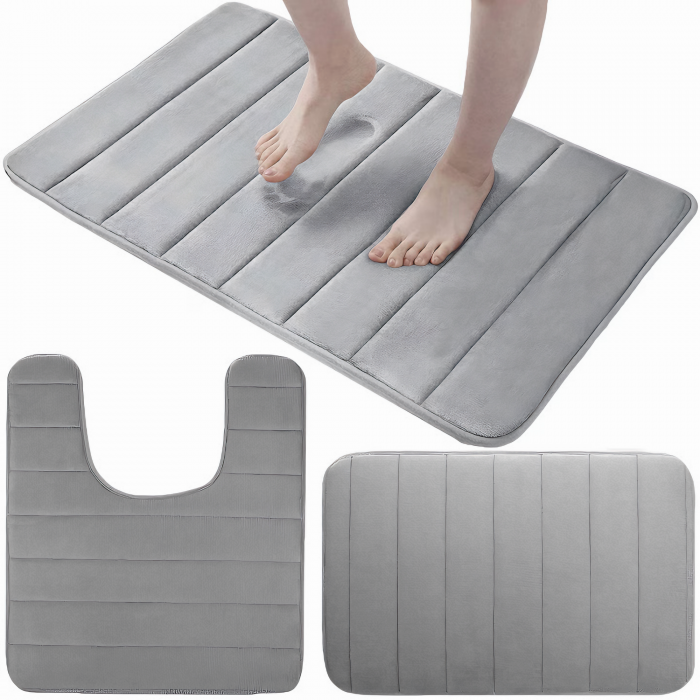 Set 3 Covorase de baie VarioShop®, Antiderapante, Spuma cu memorie, Microfibra, pentru WC, Chiuveta si Cada/dus, 80x50 & 60x50 & 60x40cm, Gri Deschis [55]