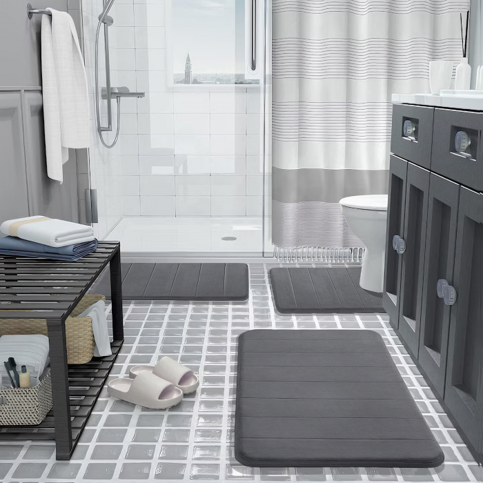 Set 3 Covorase de baie VarioShop®, Antiderapante, Spuma cu memorie, Microfibra, pentru WC, Chiuveta si Cada/dus, 80x50 & 60x50 & 60x40cm, Gri Deschis [71]